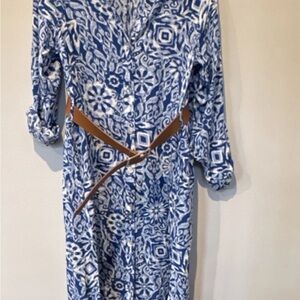 Zara Blue and White Patterned Dress with Tan Belt Large